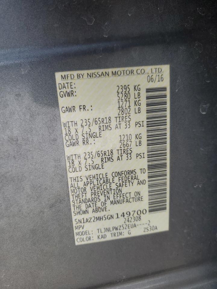 2016 Nissan Murano VIN 5N1AZ2MH5GN149700 Copart auction photo, front end damage thumbnail 14