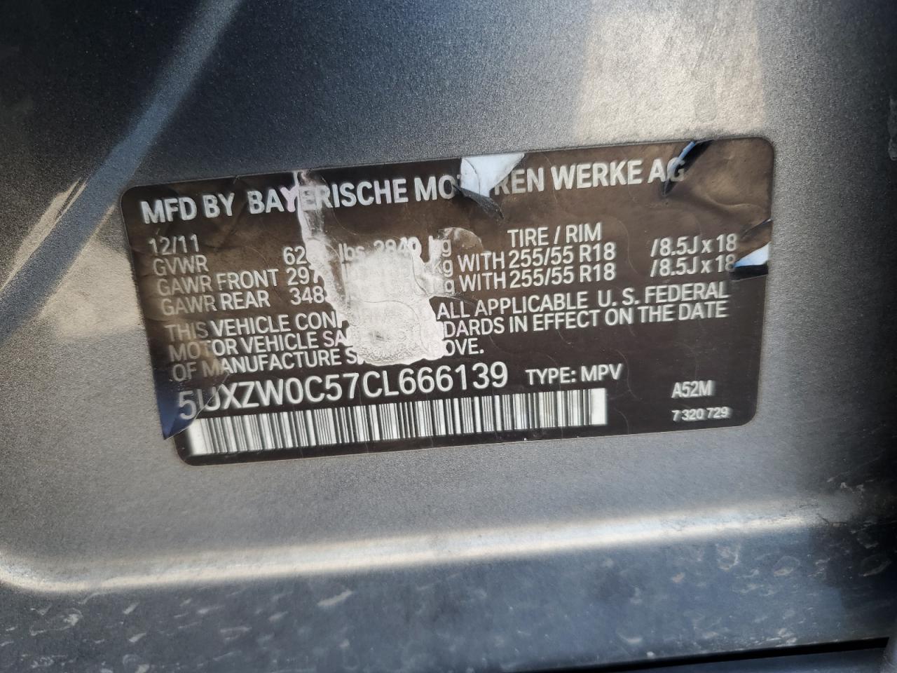 2012 BMW X5 VIN 5UXZW0C57CL666139 Copart auction photo, front end damage thumbnail 13