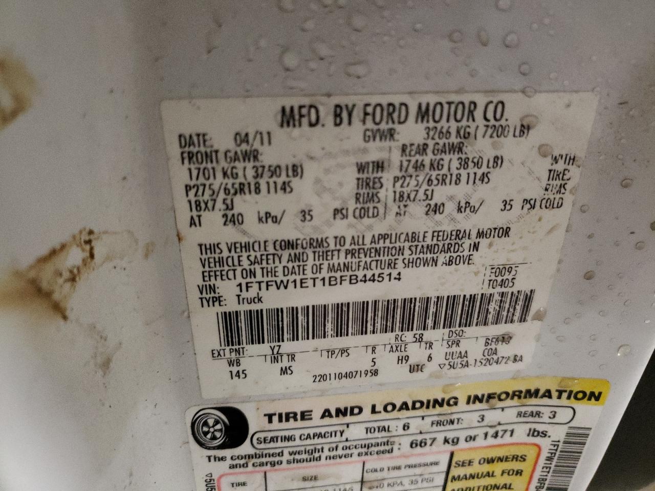 2011 Ford F-150 VIN 1FTFW1ET1BFB44514 Copart auction photo, mechanical / all over damage thumbnail 12