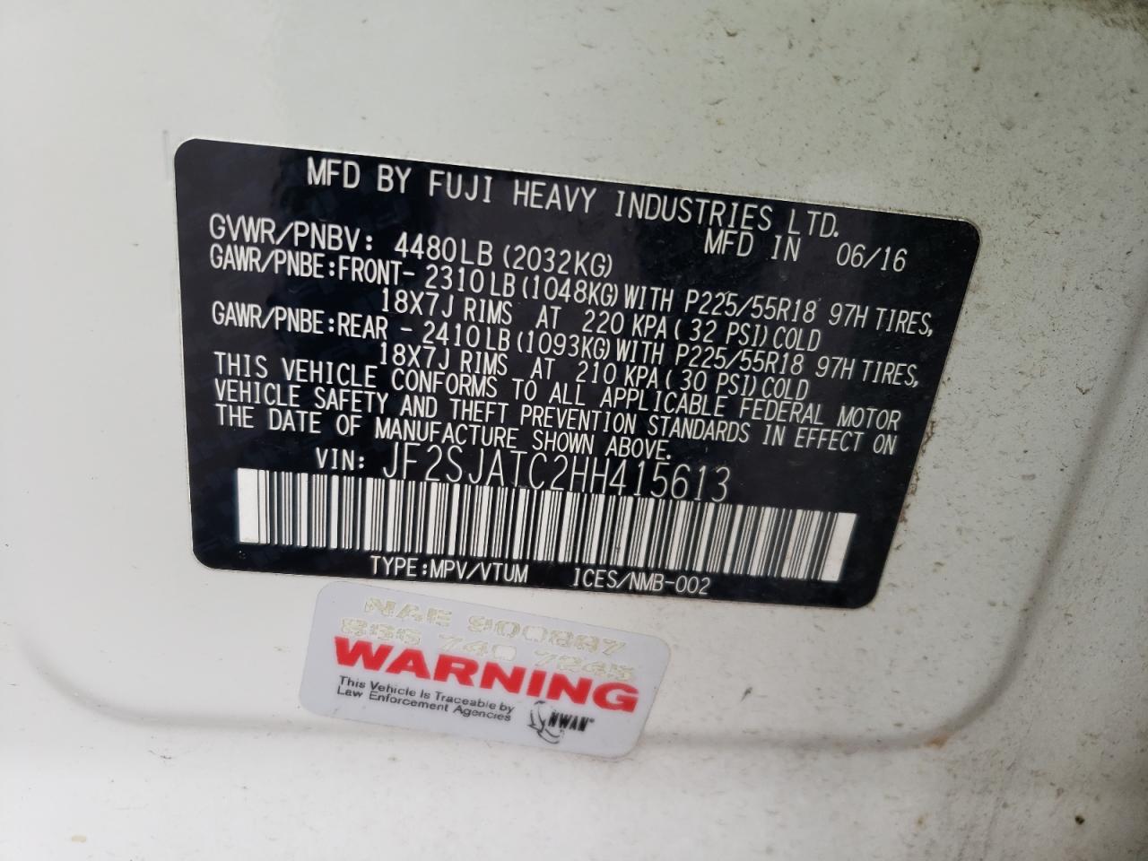 2017 Subaru Forester VIN JF2SJATC2HH415613 Copart auction photo, all over damage thumbnail 12