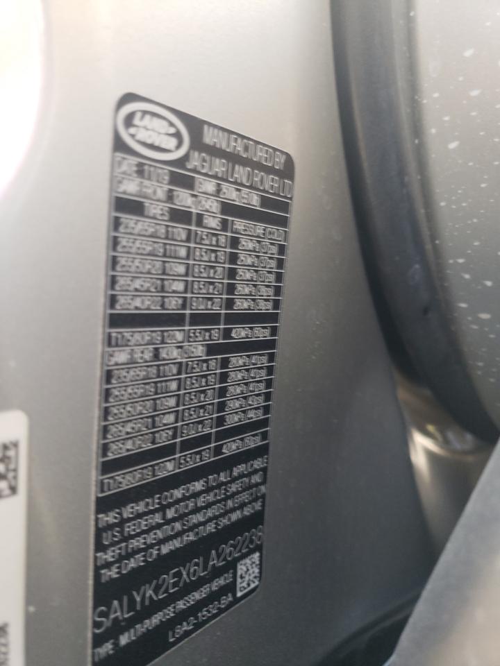 2020 Land Rover Range Rover VIN SALYK2EX6LA262238 Copart auction photo, rear end / side damage thumbnail 15
