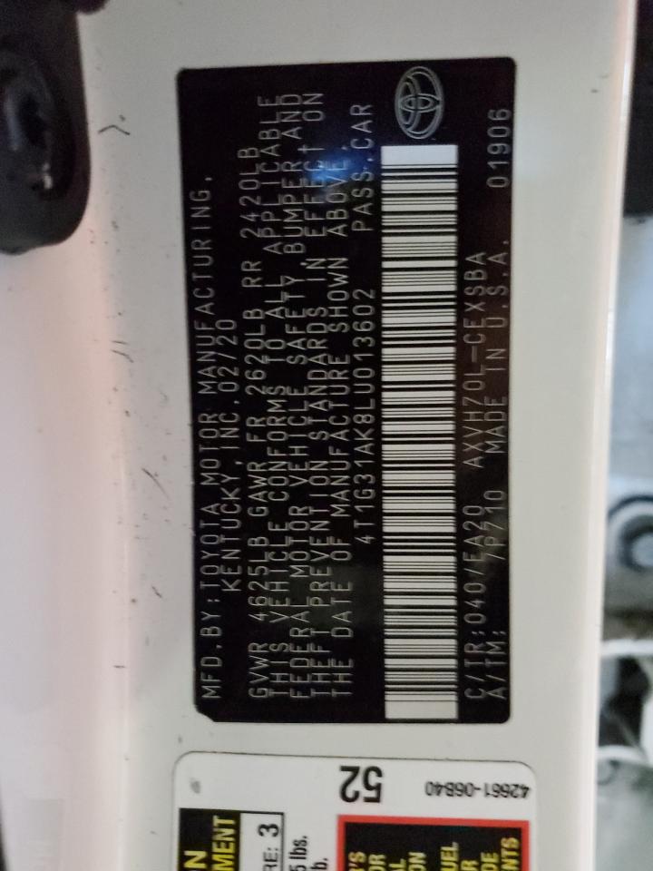 2020 Toyota Camry VIN 4T1G31AK8LU013602 Copart auction photo, minor dent/scratches damage thumbnail 12