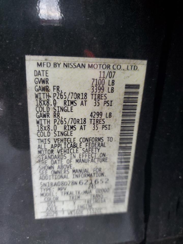 2008 Nissan Armada VIN 5N1BA08D28N621652 Copart auction photo, all over damage thumbnail 16