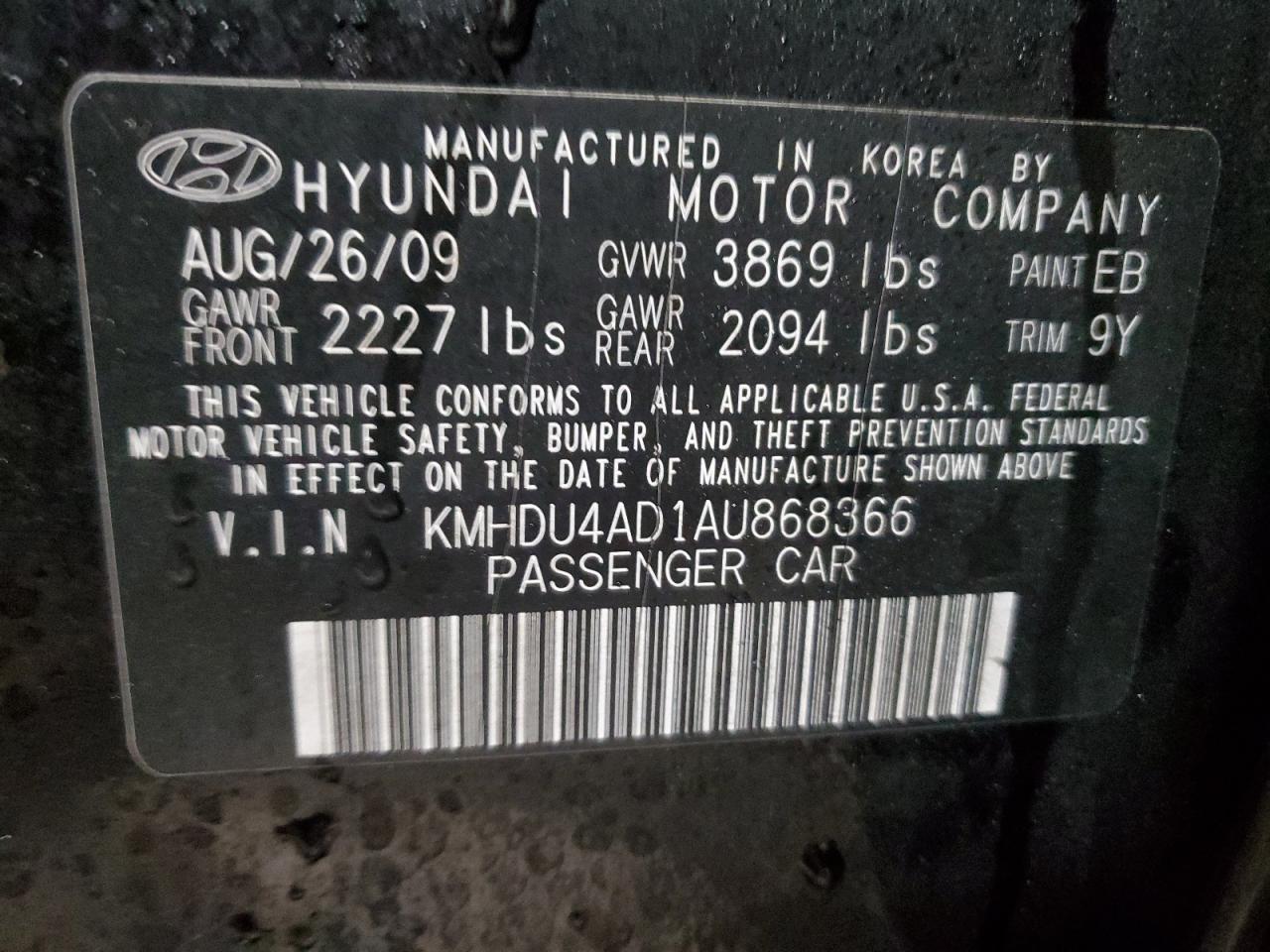 2010 Hyundai Elantra VIN KMHDU4AD1AU868366 Copart auction photo, front end damage thumbnail 14