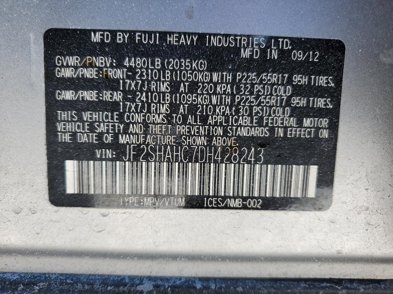 2013 Subaru Forester VIN JF2SHAHC7DH428243 Copart auction photo, front end / rear end damage thumbnail 14