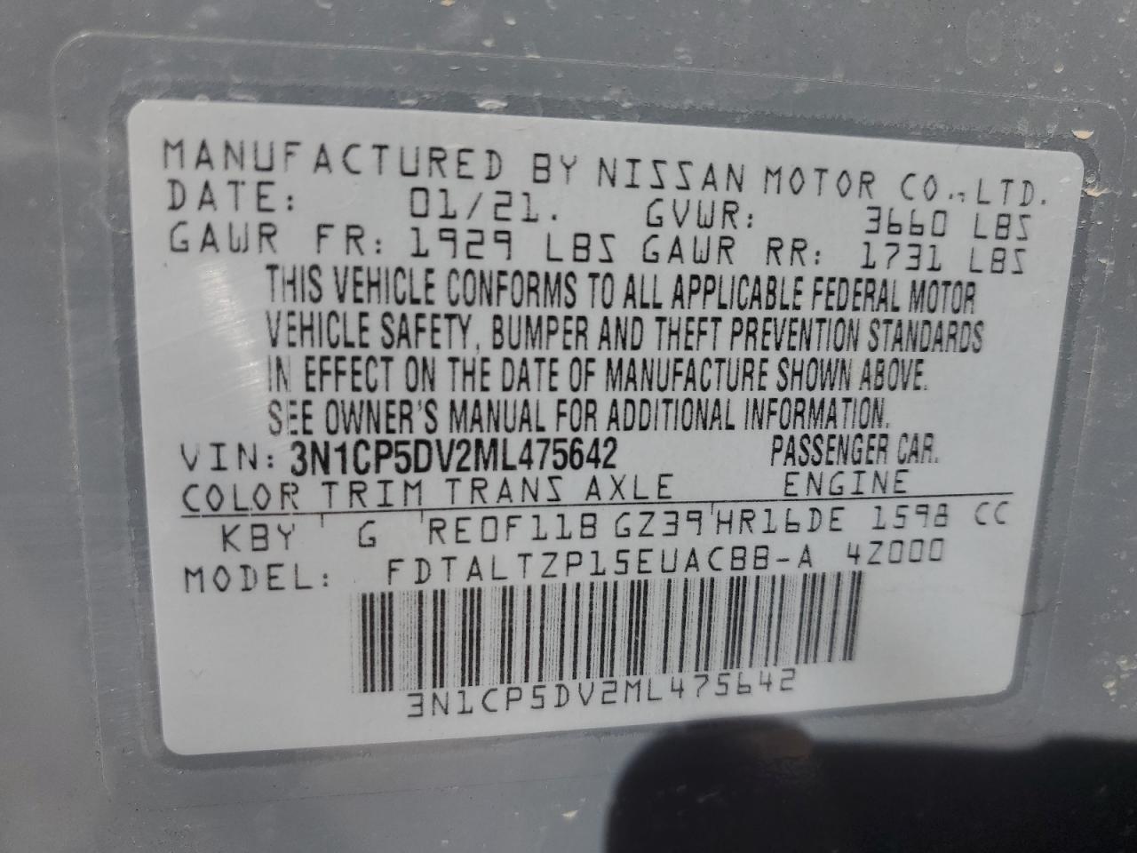 2021 Nissan Kicks VIN 3N1CP5DV2ML475642 Copart auction photo, front end / side damage thumbnail 14