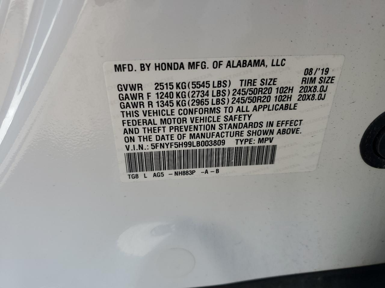 2020 Honda Pilot VIN 5FNYF5H99LB003809 Copart auction photo, front end damage thumbnail 15