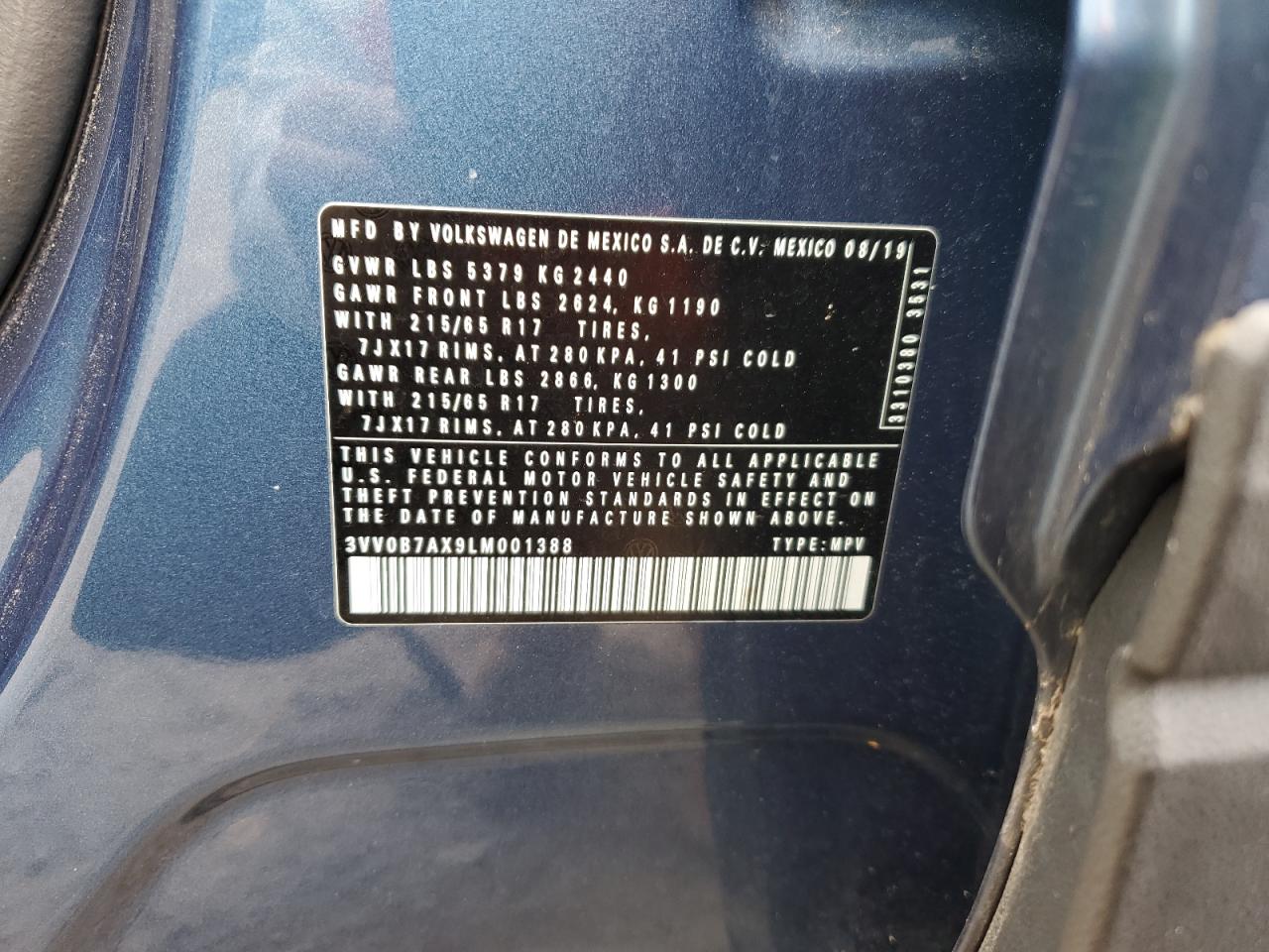 2020 Volkswagen Tiguan VIN 3VV0B7AX9LM001388 Copart auction photo, rear end damage thumbnail 14