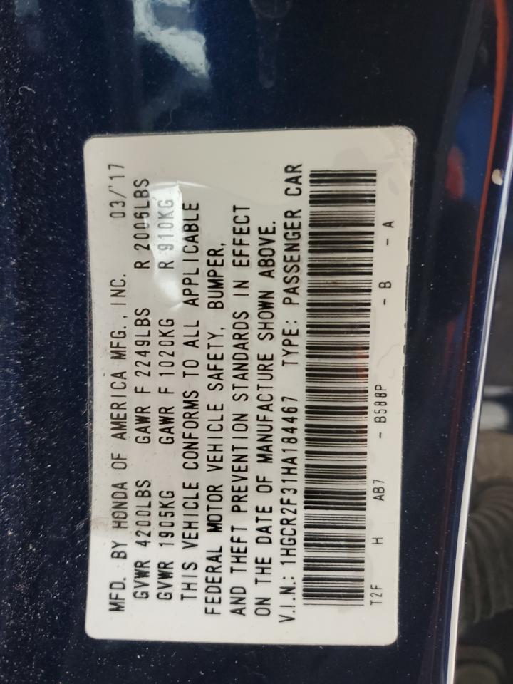 2017 Honda Accord VIN 1HGCR2F31HA184467 Copart auction photo, rear end damage thumbnail 12