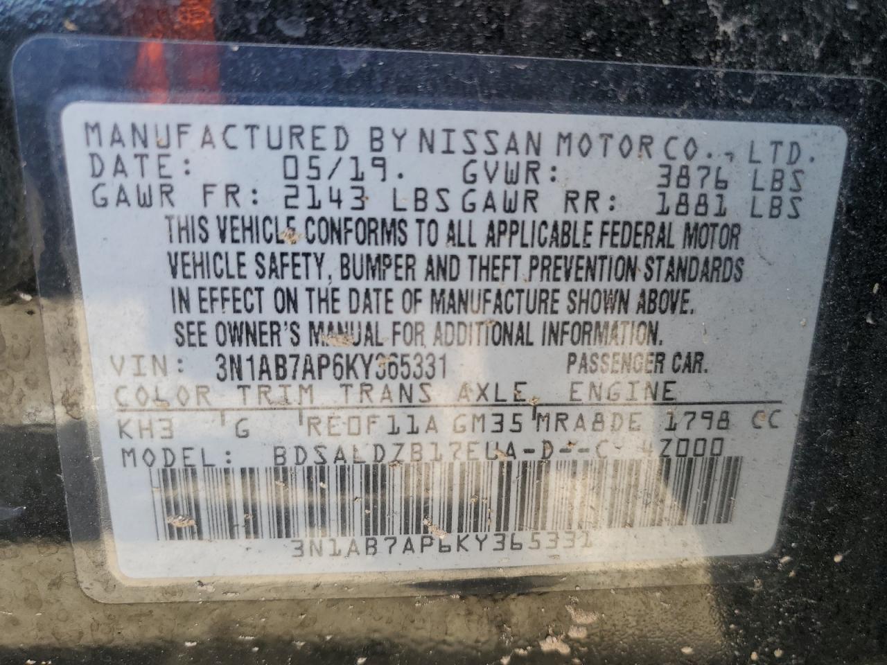 2019 Nissan Sentra VIN 3N1AB7AP6KY365331 Copart auction photo, front end / side damage thumbnail 13