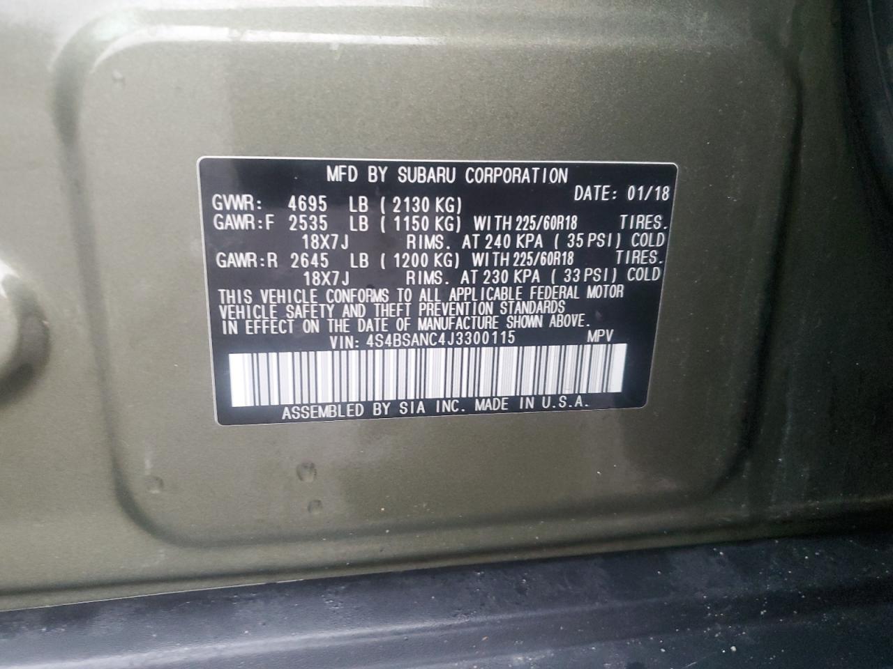 2018 Subaru Outback VIN 4S4BSANC4J3300115 Copart auction photo, front end damage thumbnail 14