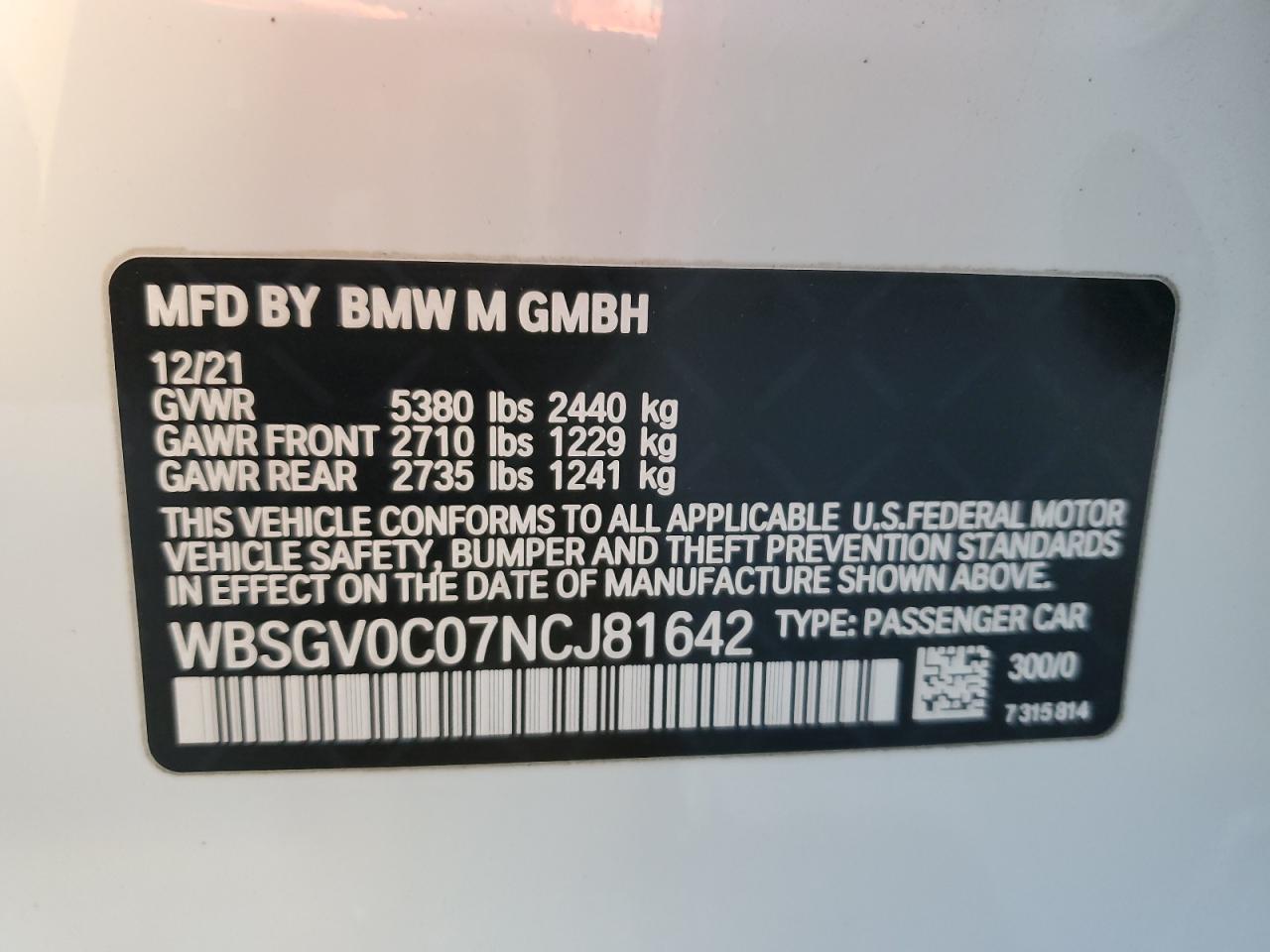 2022 BMW M8 VIN WBSGV0C07NCJ81642 Copart auction photo, all over / minor dent/scratches damage thumbnail 12