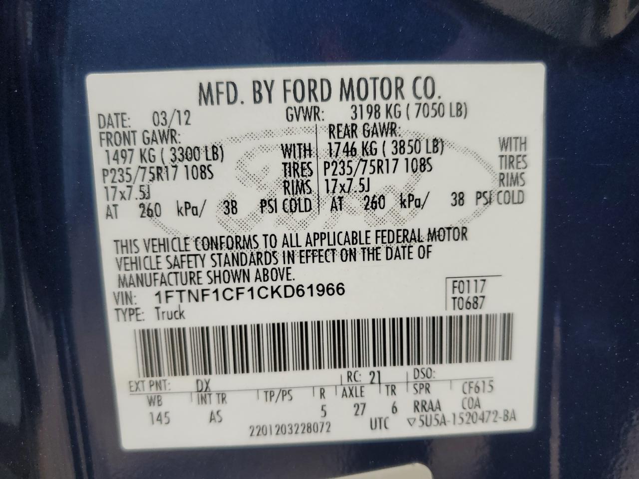2012 Ford F-150 VIN 1FTNF1CF1CKD61966 Copart auction photo, front end damage thumbnail 12