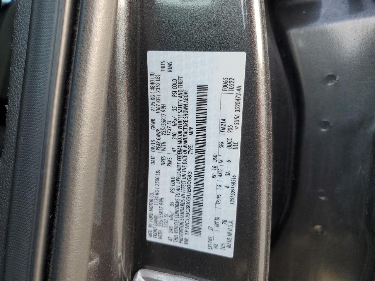 2016 Ford Escape VIN 1FMCU9G9XGUB00583 Copart auction photo, minor dent/scratches damage thumbnail 13