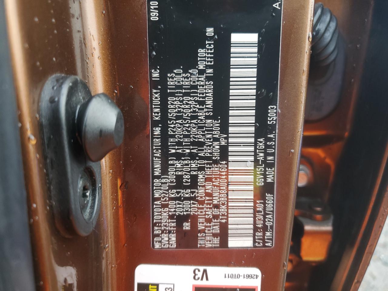 2010 Toyota Venza VIN 4T3BK3BB8AU044604 Copart auction photo, front end / side damage thumbnail 12