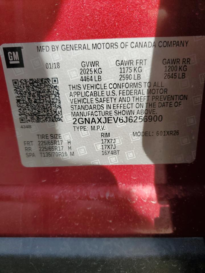 2018 Chevrolet Equinox VIN 2GNAXJEV6J6256900 Copart auction photo, front end damage thumbnail 13