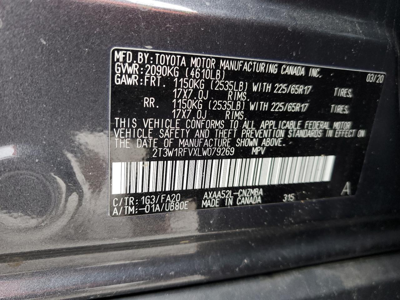 2020 Toyota RAV 4 VIN 2T3W1RFVXLW079269 Copart auction photo, front end / side damage thumbnail 13