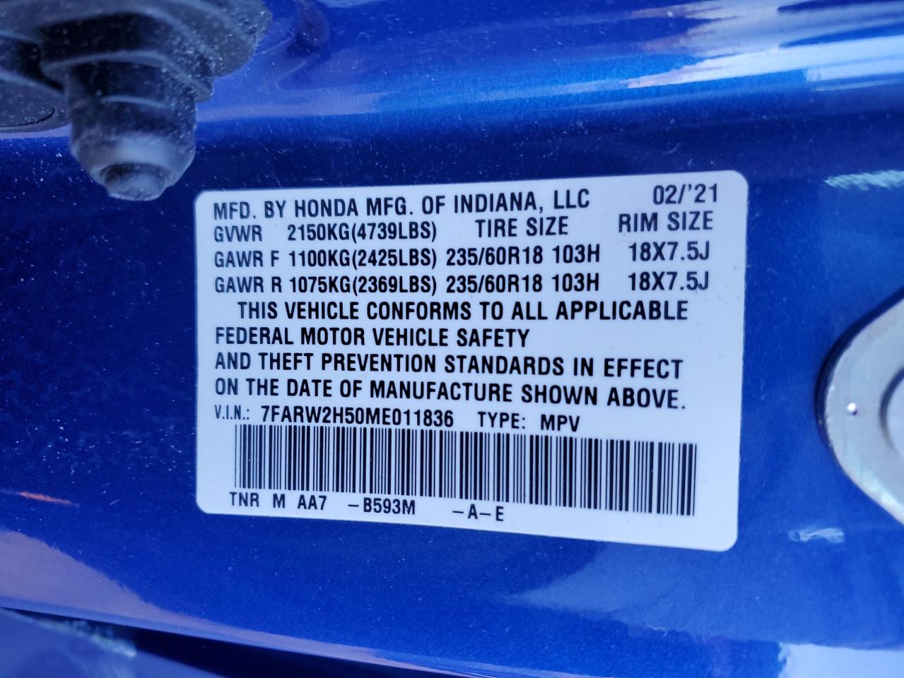 2021 Honda CR-V VIN 7FARW2H50ME011836 Copart auction photo, side damage thumbnail 15