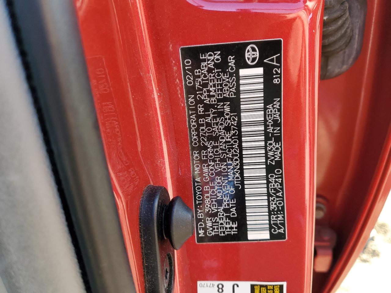 2010 Toyota Prius VIN JTDKN3DU2A0137421 Copart auction photo, side / undercarriage damage thumbnail 14