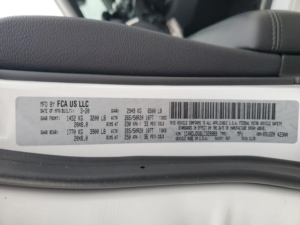2020 Dodge Durango VIN 1C4RDJDG6LC329989 Copart auction photo, front end damage thumbnail 14