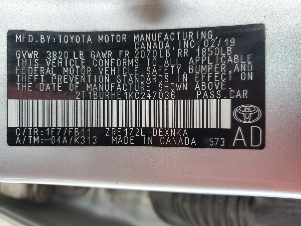 2019 Toyota Corolla VIN 2T1BURHE1KC247036 Copart auction photo, rear end / minor dent/scratches damage thumbnail 12