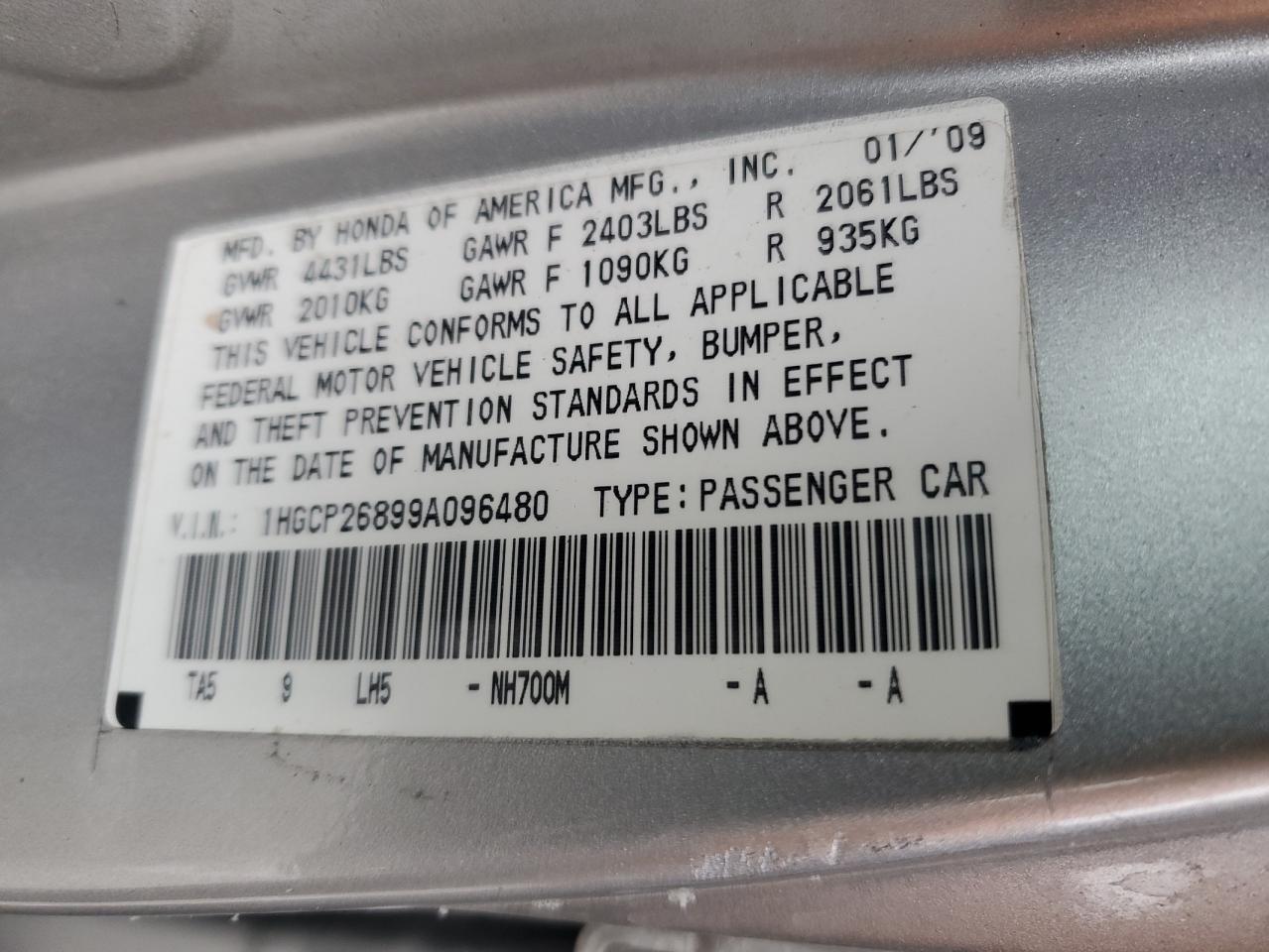 2009 Honda Accord VIN 1HGCP26899A096480 Copart auction photo, front end / side damage thumbnail 15