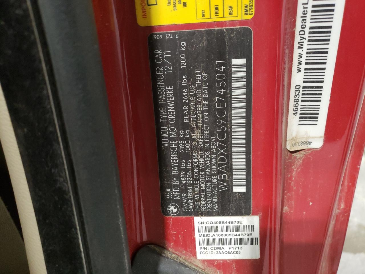 2012 BMW 3er VIN WBADX7C59CE745041 Copart auction photo, water/flood / hail damage thumbnail 12