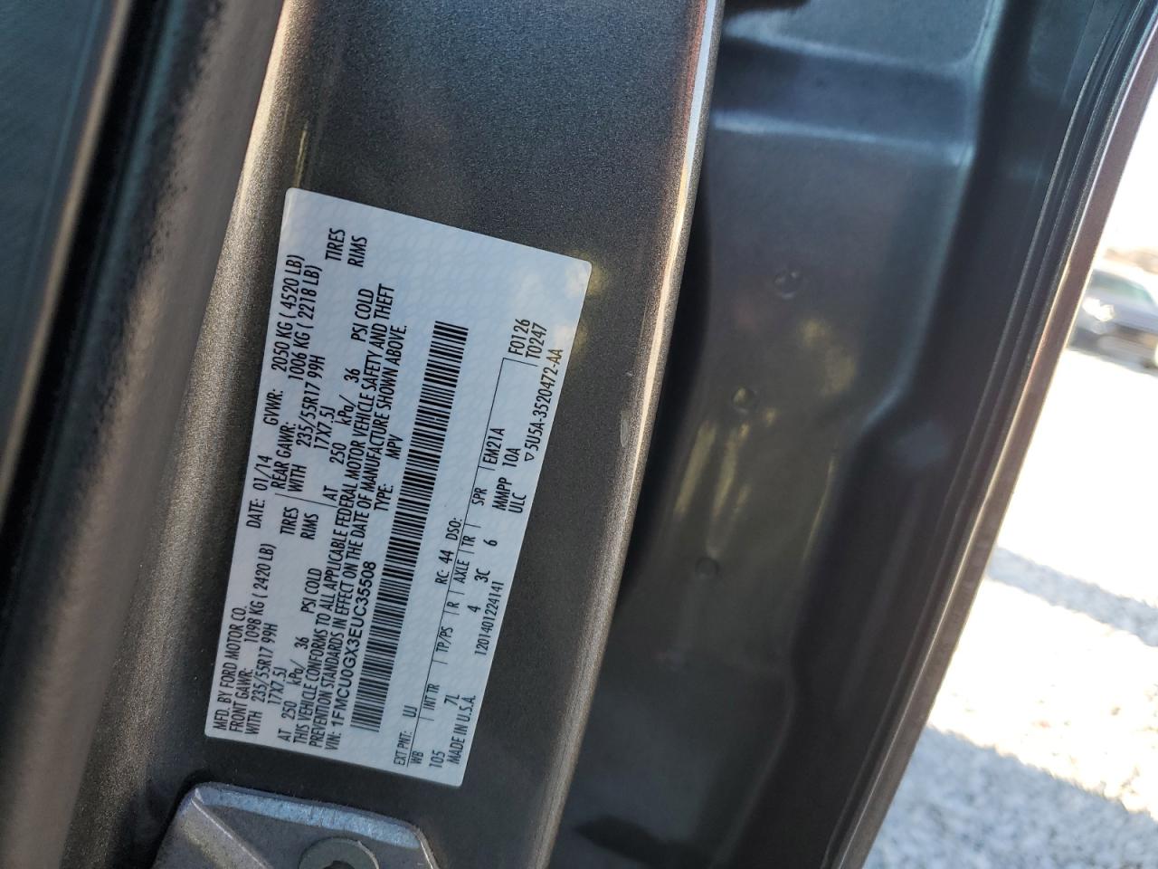 2014 Ford Escape VIN 1FMCU0GX3EUC35508 Copart auction photo, front end / side damage thumbnail 14