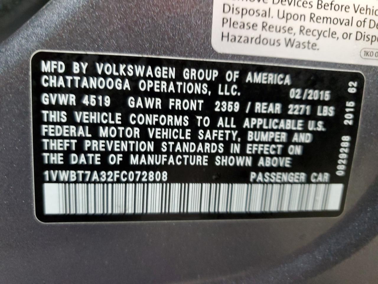 2015 Volkswagen Passat VIN 1VWBT7A32FC072808 Copart auction photo, front end / minor dent/scratches damage thumbnail 14