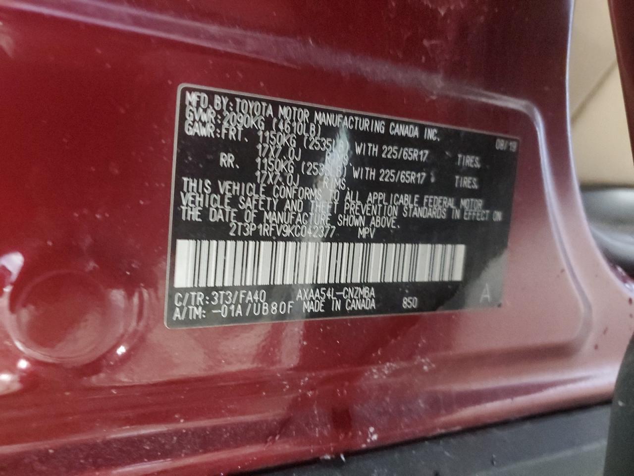 2019 Toyota RAV 4 VIN 2T3P1RFV9KC042377 Copart auction photo, side / minor dent/scratches damage thumbnail 15