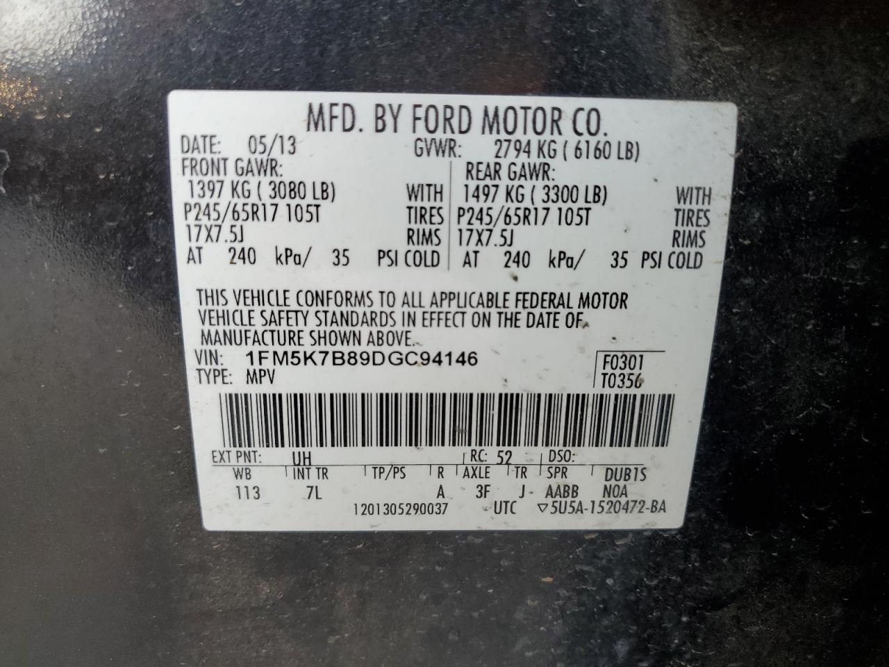 2013 Ford Explorer VIN 1FM5K7B89DGC94146 Copart auction photo, front end / minor dent/scratches damage thumbnail 13