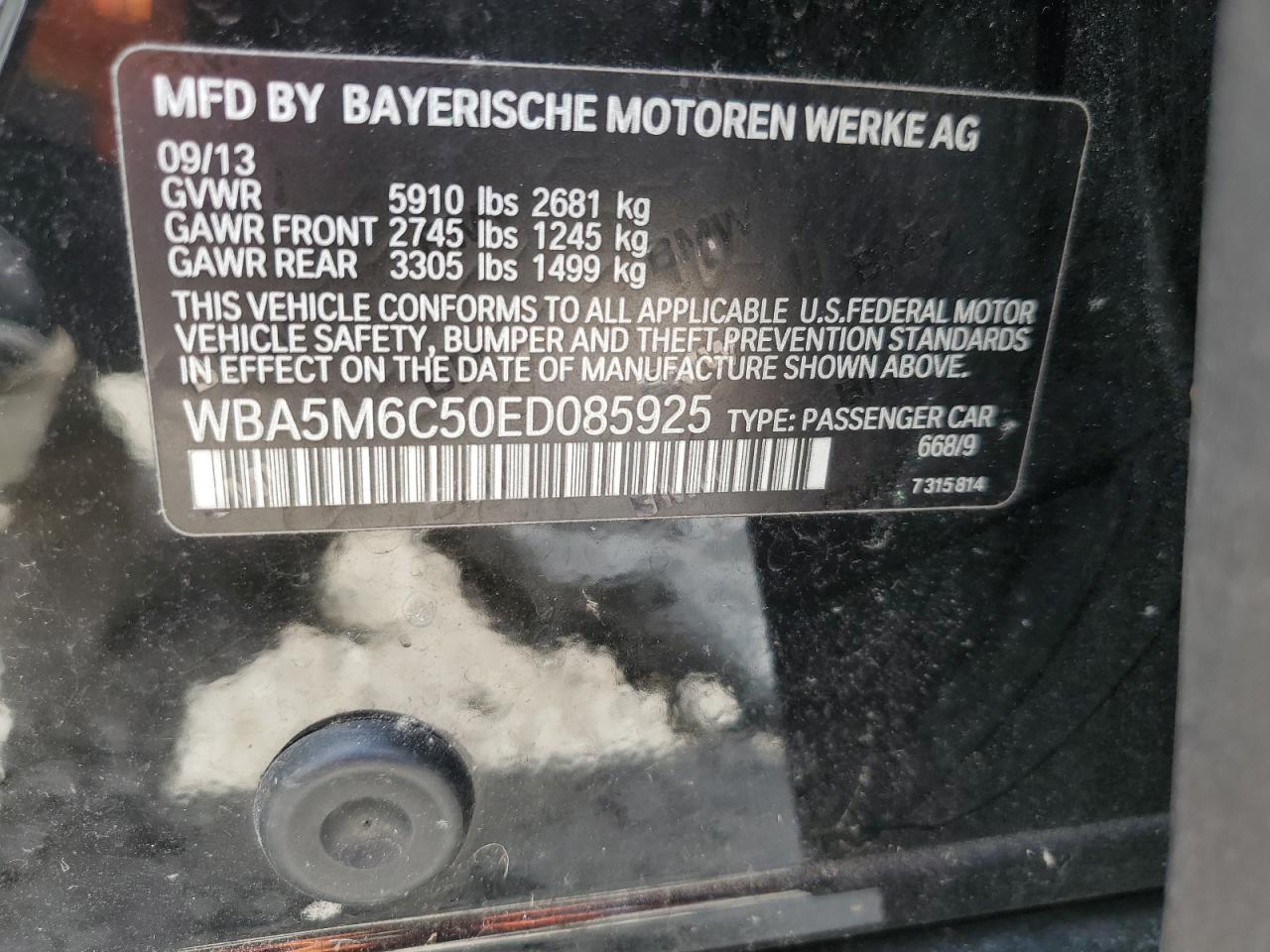 2014 BMW 5er VIN WBA5M6C50ED085925 Copart auction photo, rear end / minor dent/scratches damage thumbnail 12
