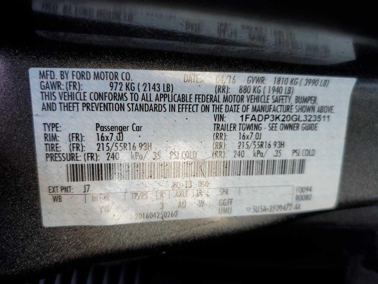 2016 Ford Focus VIN 1FADP3K20GL323511 Copart auction photo, front end / mechanical damage thumbnail 12