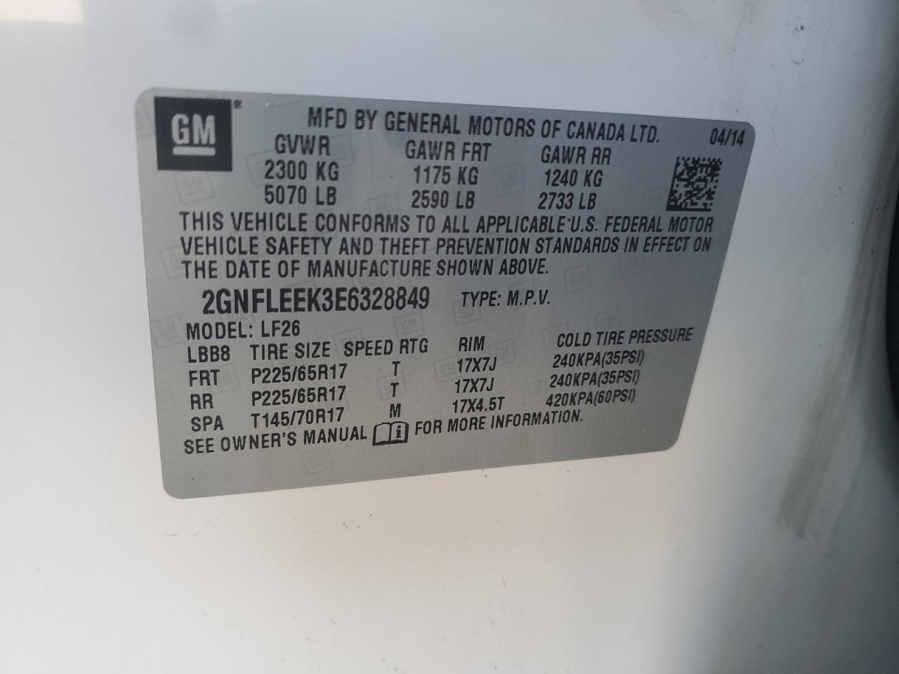 2014 Chevrolet Equinox VIN 2GNFLEEK3E6328849 Copart auction photo, front end damage thumbnail 13