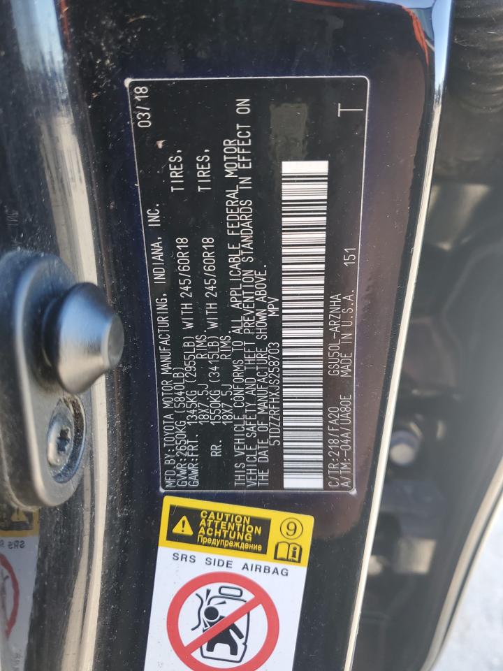 2018 Toyota Highlander VIN 5TDZZRFHXJS258703 Copart auction photo, front end / side damage thumbnail 13
