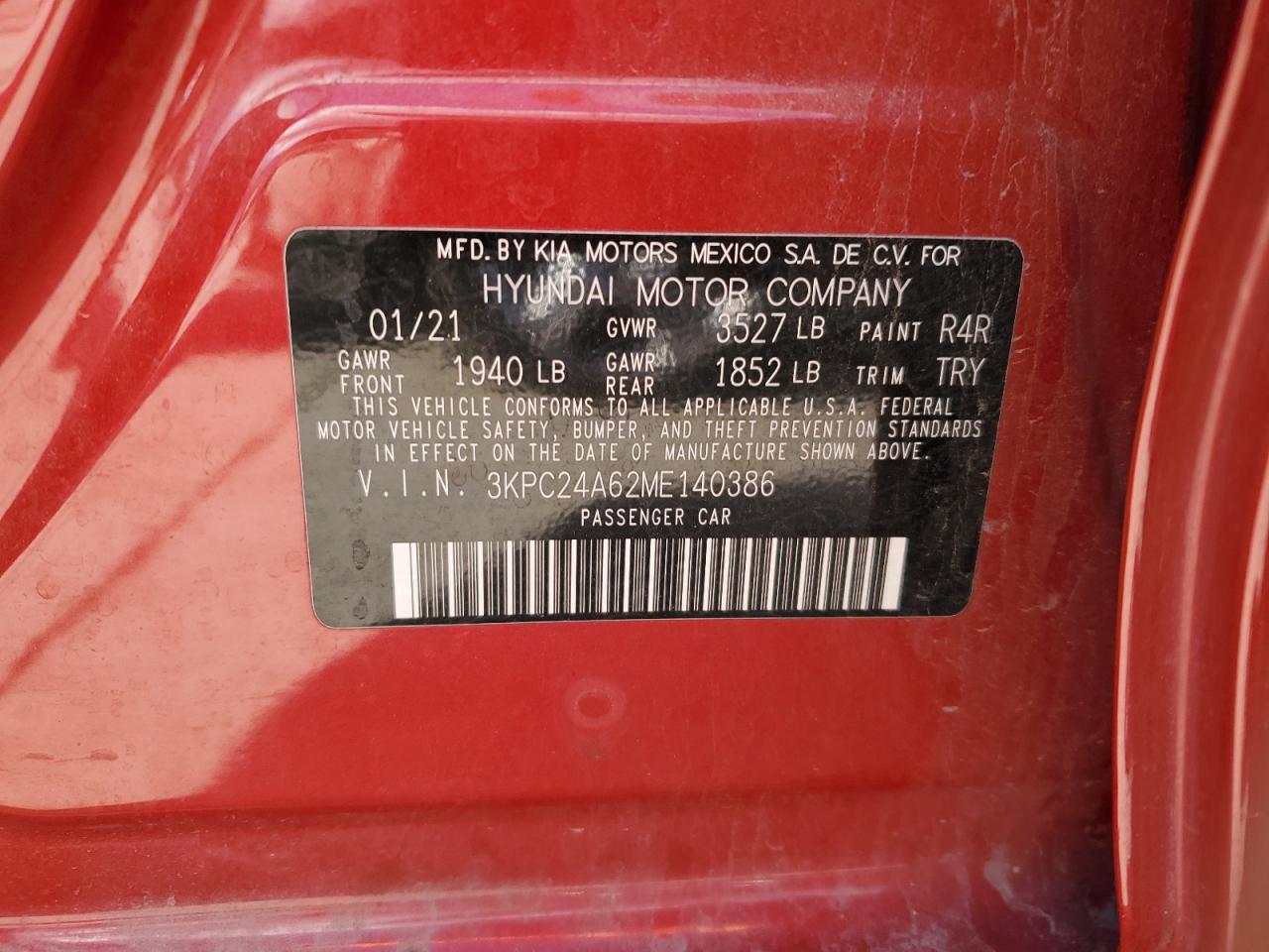 2021 Hyundai Accent VIN 3KPC24A62ME140386 Copart auction photo, side damage thumbnail 12