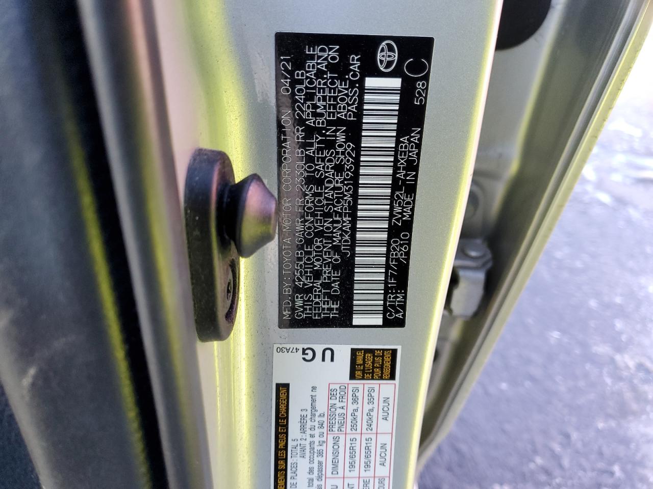 2021 Toyota Prius VIN JTDKAMFP5M3193929 Copart auction photo, undercarriage damage thumbnail 13