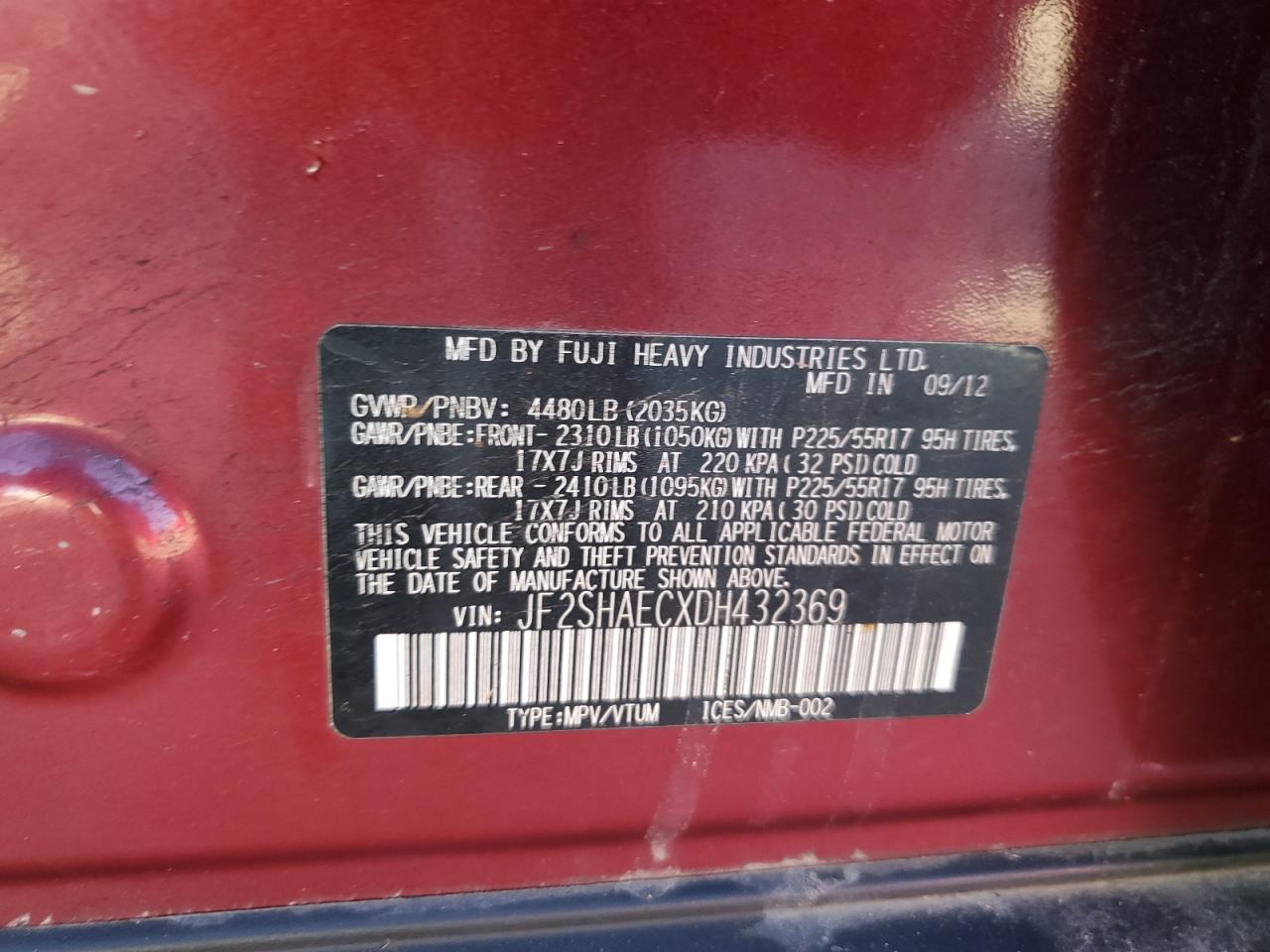 2013 Subaru Forester VIN JF2SHAECXDH432369 Copart auction photo, rear end / undercarriage damage thumbnail 13
