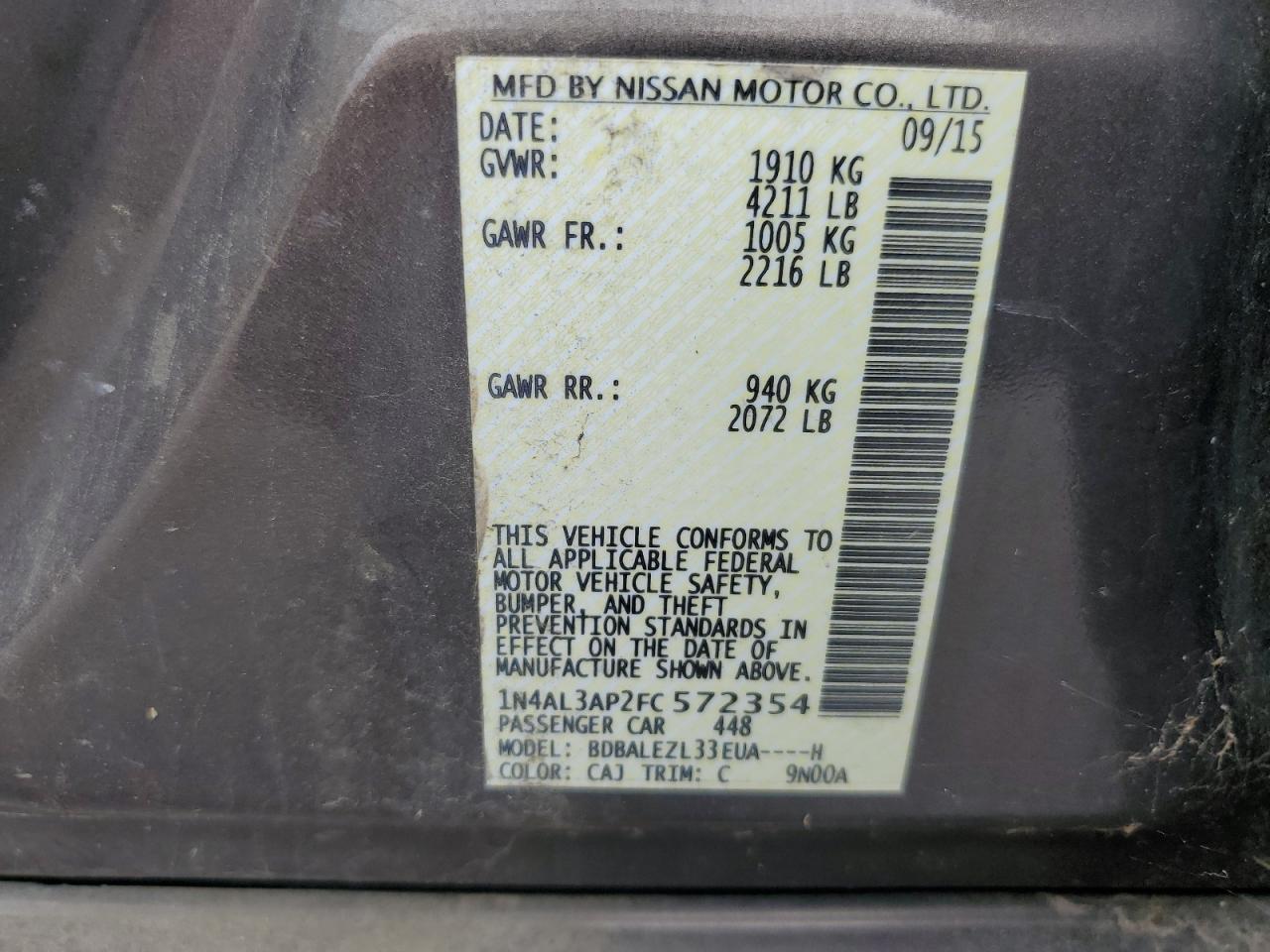 2015 Nissan Altima VIN 1N4AL3AP2FC572354 Copart auction photo, all over / minor dent/scratches damage thumbnail 12