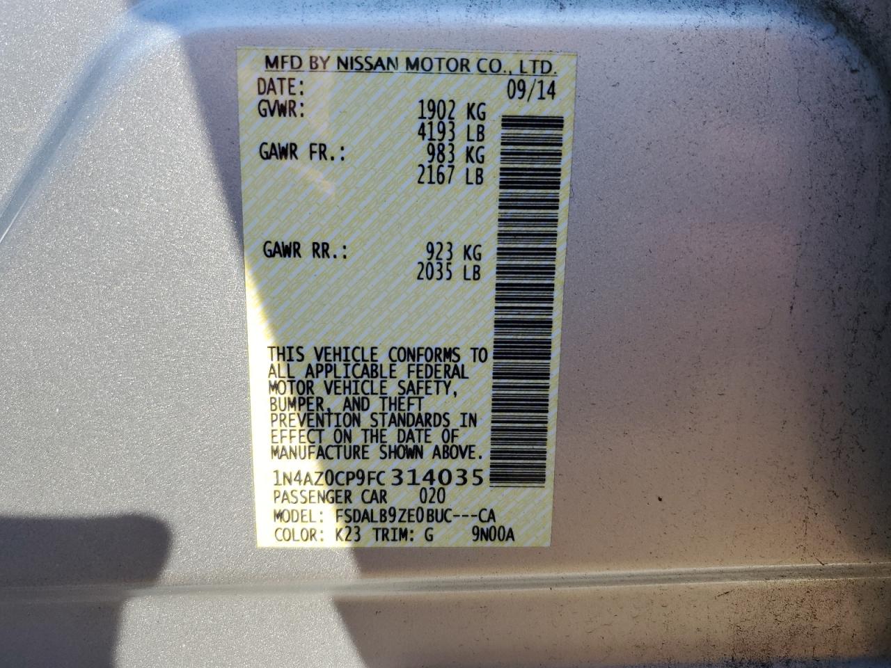 2015 Nissan Leaf VIN 1N4AZ0CP9FC314035 Copart auction photo, front end damage thumbnail 14