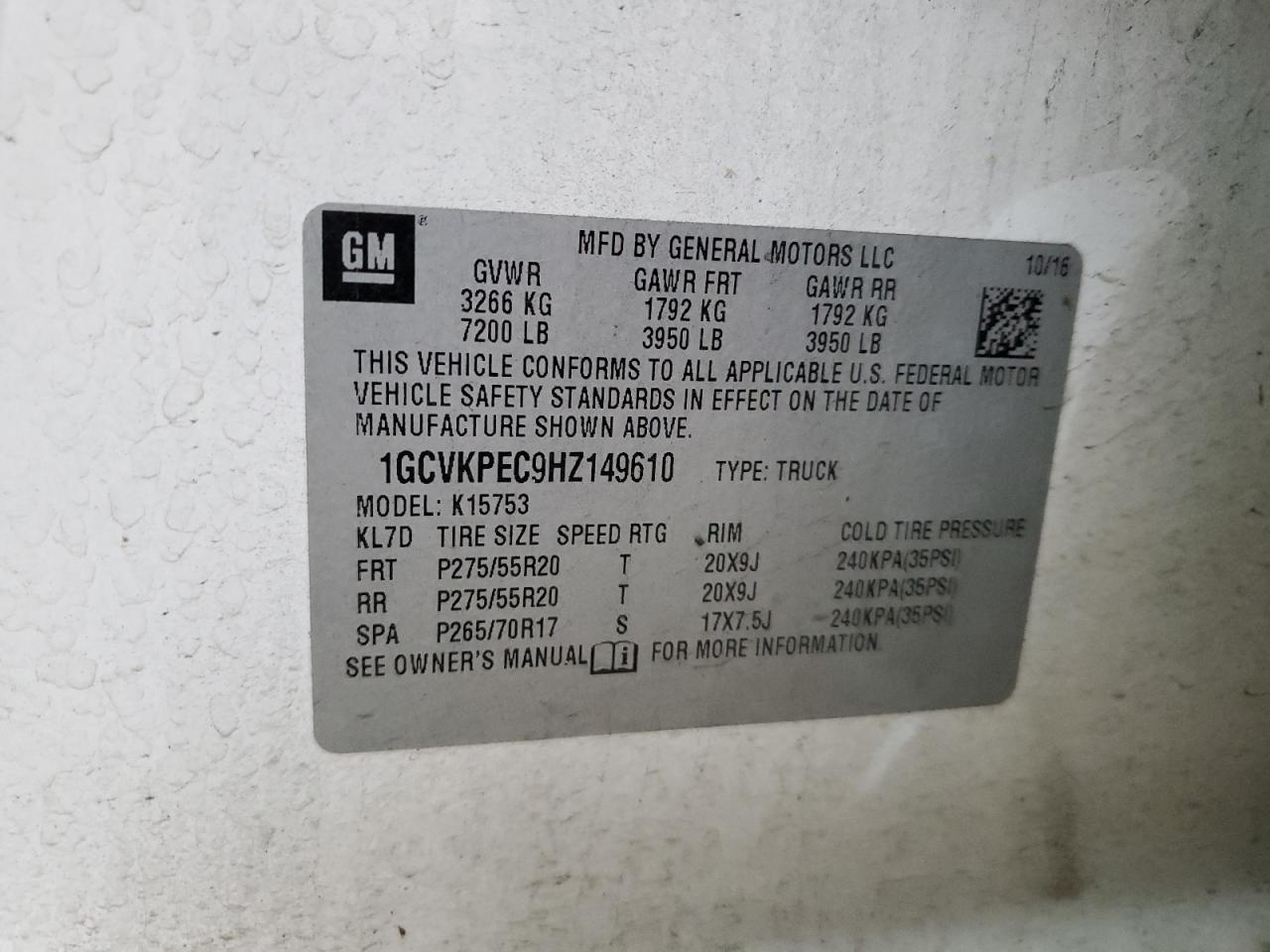 2017 Chevrolet Silverado VIN 1GCVKPEC9HZ149610 Copart auction photo, front end / rear end damage thumbnail 12