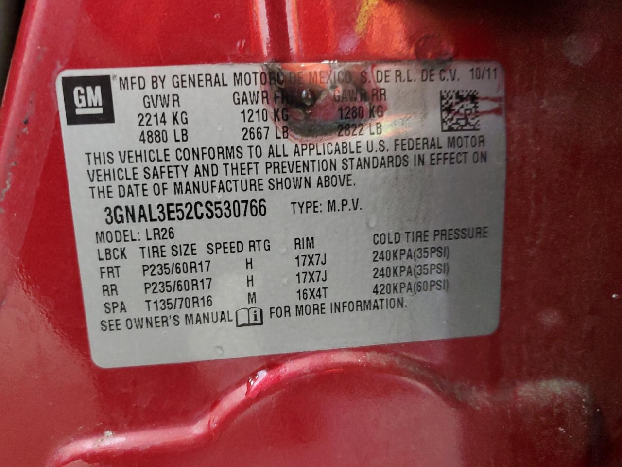 2012 Chevrolet Captiva VIN 3GNAL3E52CS530766 Copart auction photo, rear end damage thumbnail 14