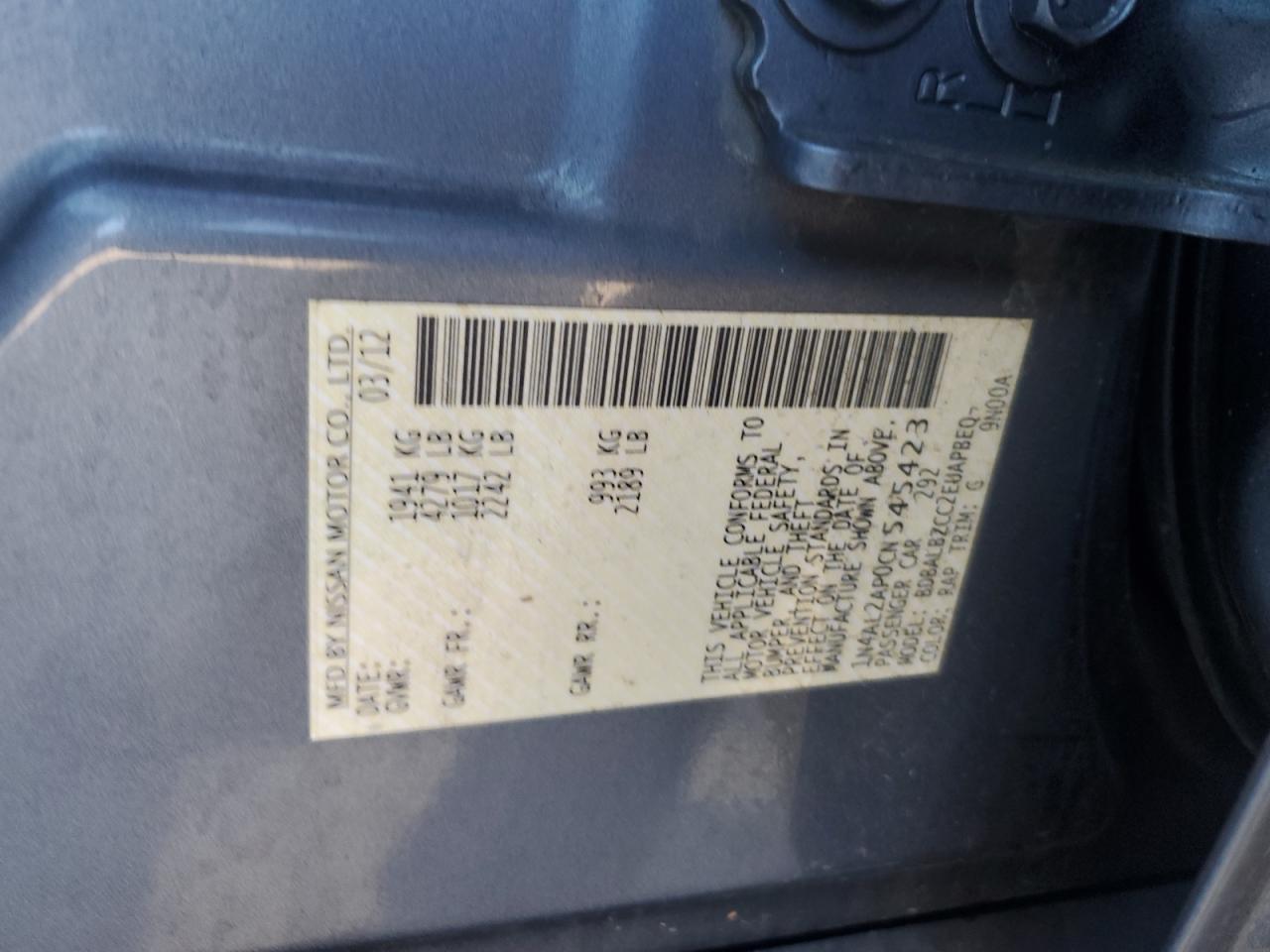 2012 Nissan Altima VIN 1N4AL2AP0CN545423 Copart auction photo, front end / minor dent/scratches damage thumbnail 14