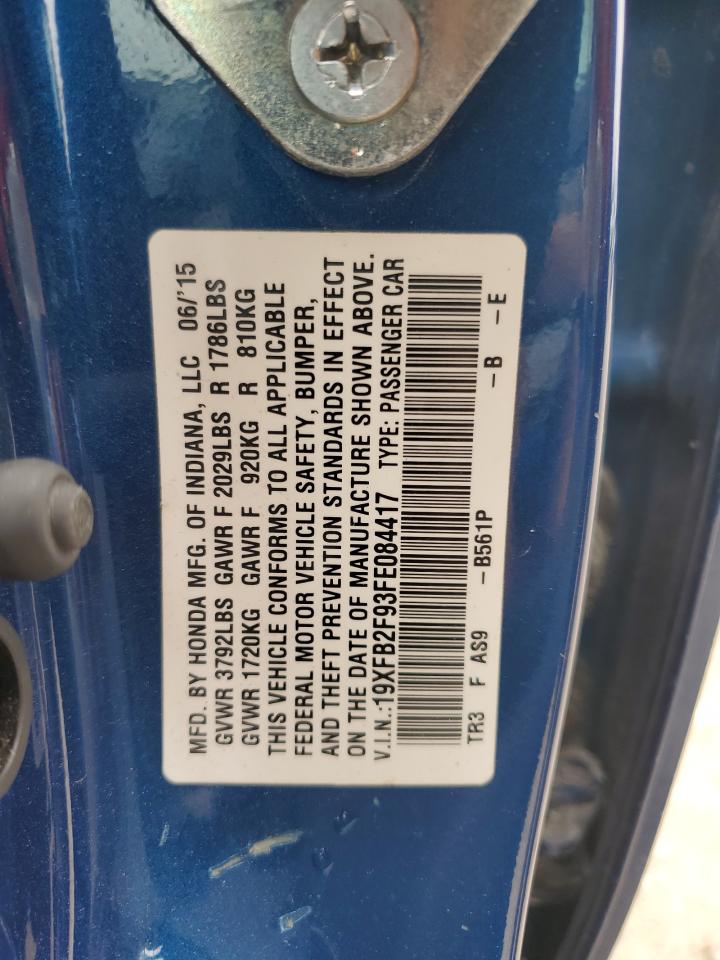 2015 Honda Civic VIN 19XFB2F93FE084417 Copart auction photo, minor dent/scratches damage thumbnail 12