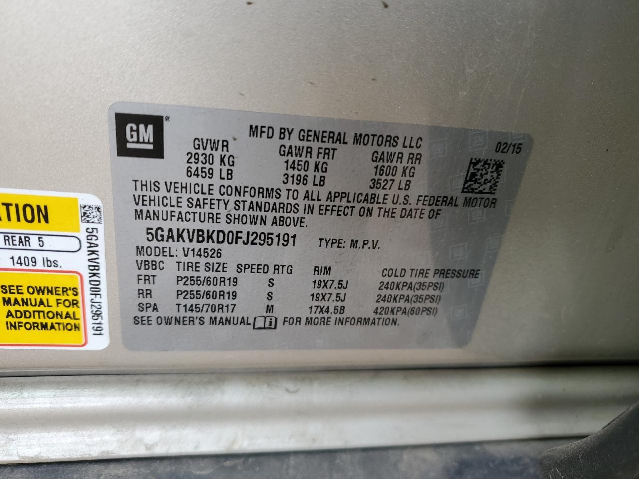 2015 Buick Enclave VIN 5GAKVBKD0FJ295191 Copart auction photo, front end damage thumbnail 12