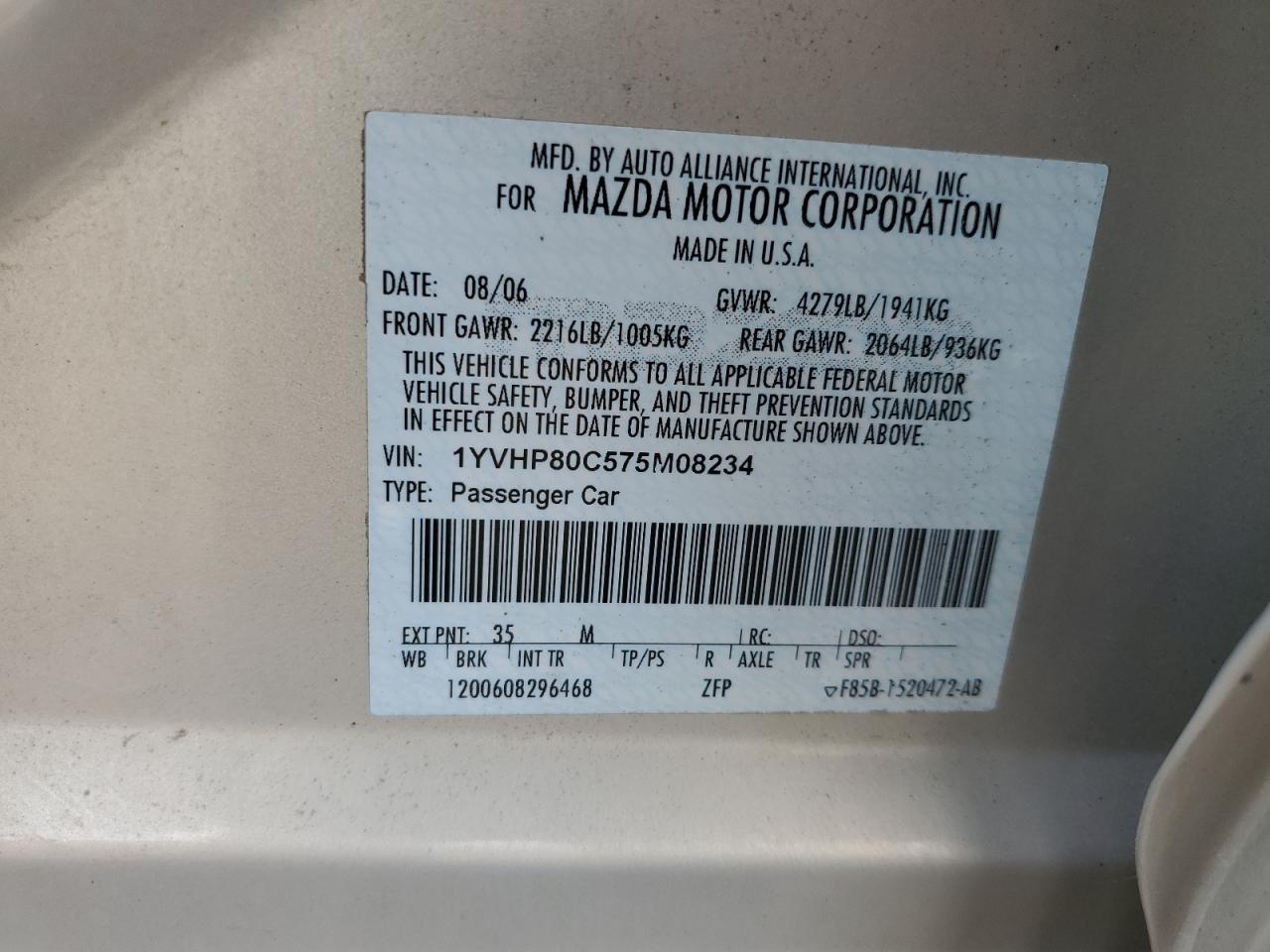2007 Mazda 6 VIN 1YVHP80C575M08234 Copart auction photo, rear end / top/roof damage thumbnail 12
