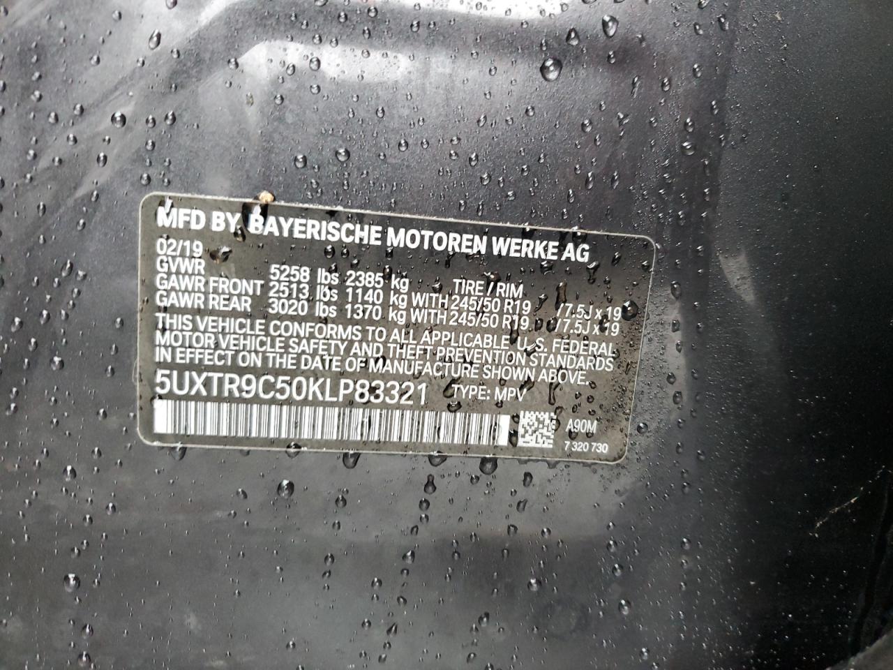 2019 BMW X3 VIN 5UXTR9C50KLP83321 Copart auction photo, water/flood damage thumbnail 14