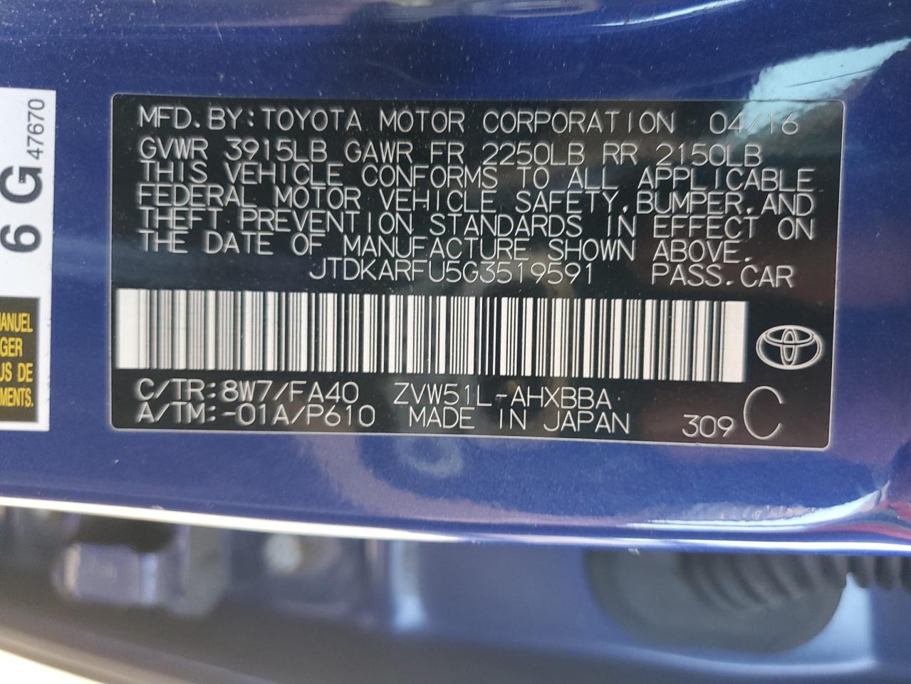 2016 Toyota Prius VIN JTDKARFU5G3519591 Copart auction photo, front end damage thumbnail 12