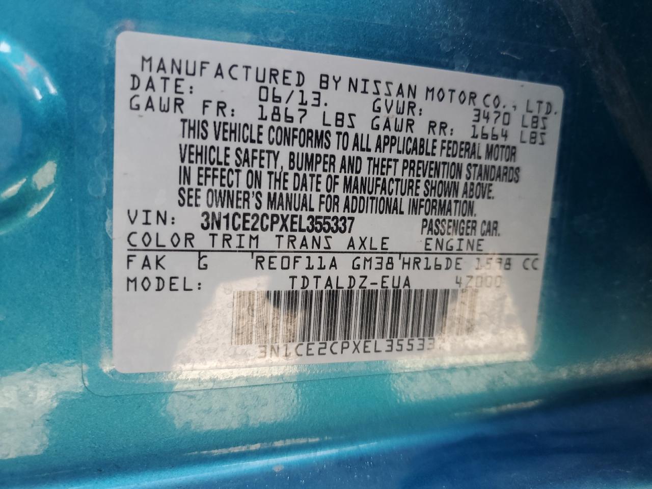 2014 Nissan Versa VIN 3N1CE2CPXEL355337 Copart auction photo, all over damage thumbnail 14