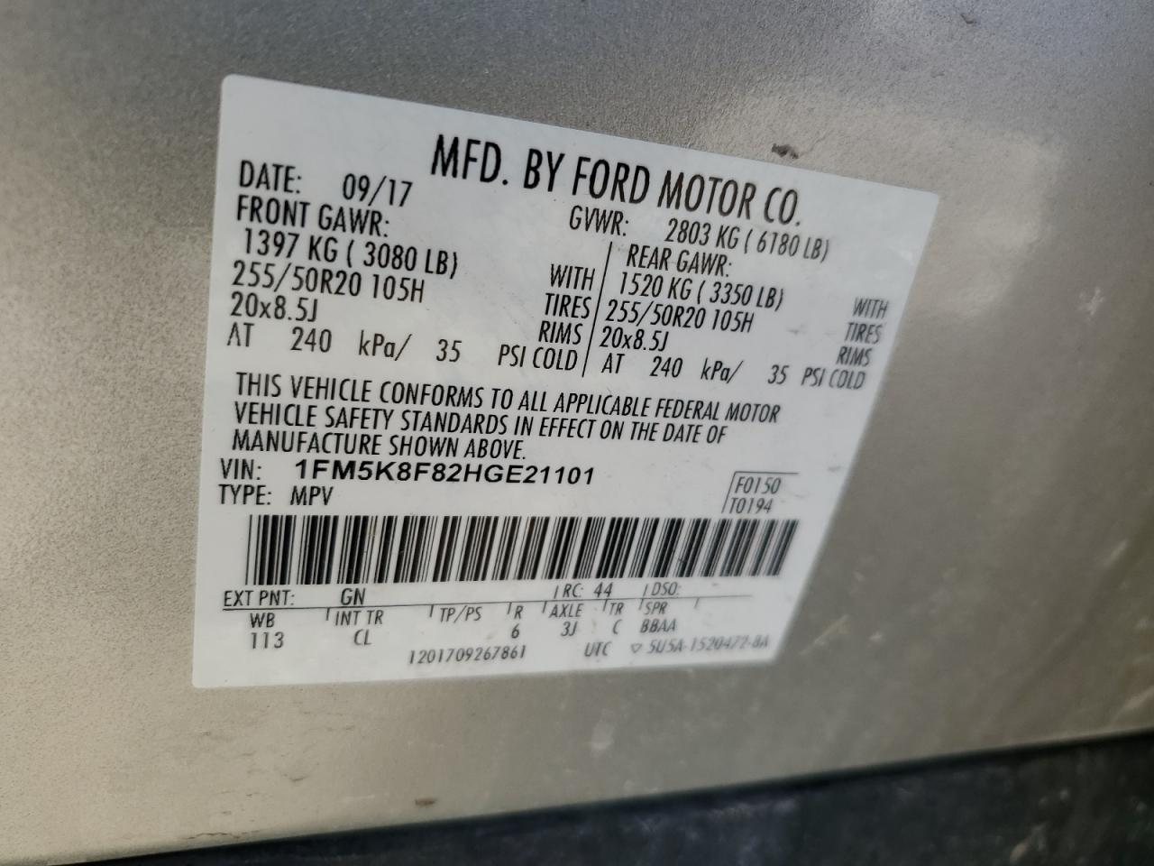 2017 Ford Explorer VIN 1FM5K8F82HGE21101 Copart auction photo, side damage thumbnail 13